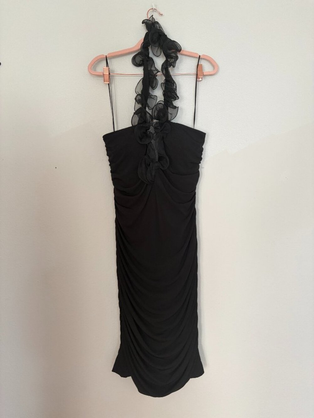 JS Collections | Black Organza Rosette Halter Ruched Cocktail Dress 12 NWOT